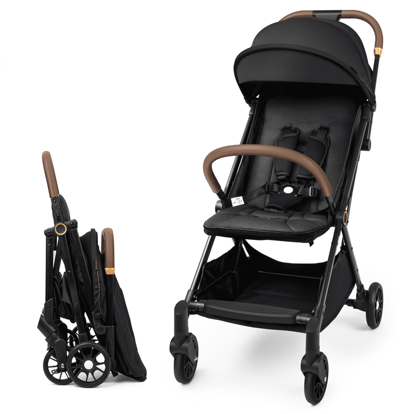 Besrey Lightweight Baby Stroller with Gravity Self-Folding, Compact Travel Stroller with Full-Size Canopy & Storage for 0-3 Years Infants, Black