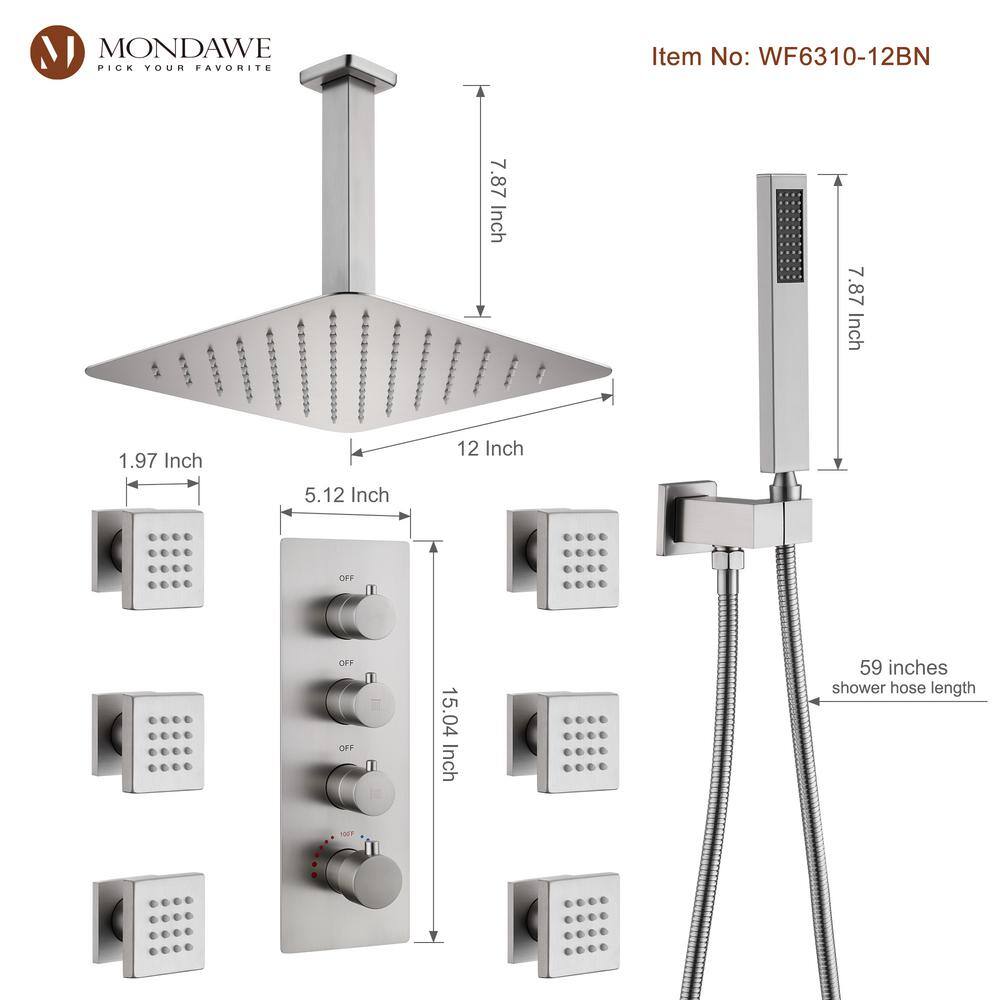 Mondawe Luxury 7-Spray Patterns Thermostatic 12 in. Ceiling Mount Rainfall Dual Shower Heads with 6-Jet in Brushed Nickel WF6310-12BN