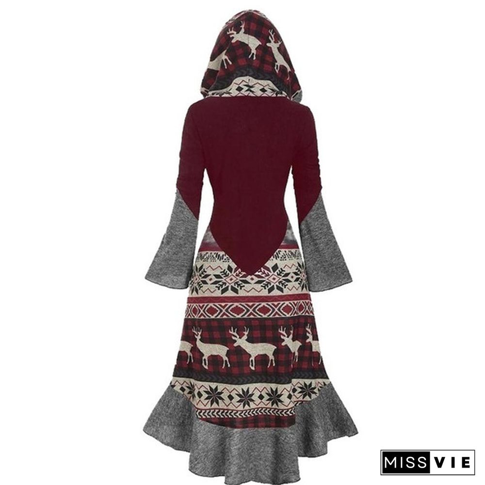 Womens Fashion Christmas Elk Printing Dress Long Section Hooded Ruffled Hem Cloak Knitted Dress Plus Size XS-5XL