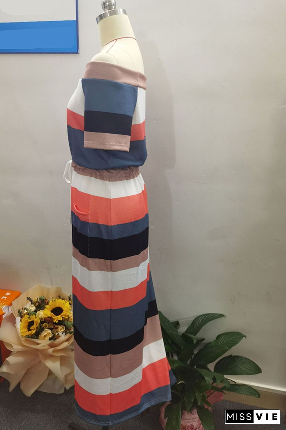 Colorful Stripe Drawstring Off-shoulder Short Sleeve Dress Women Wholesale