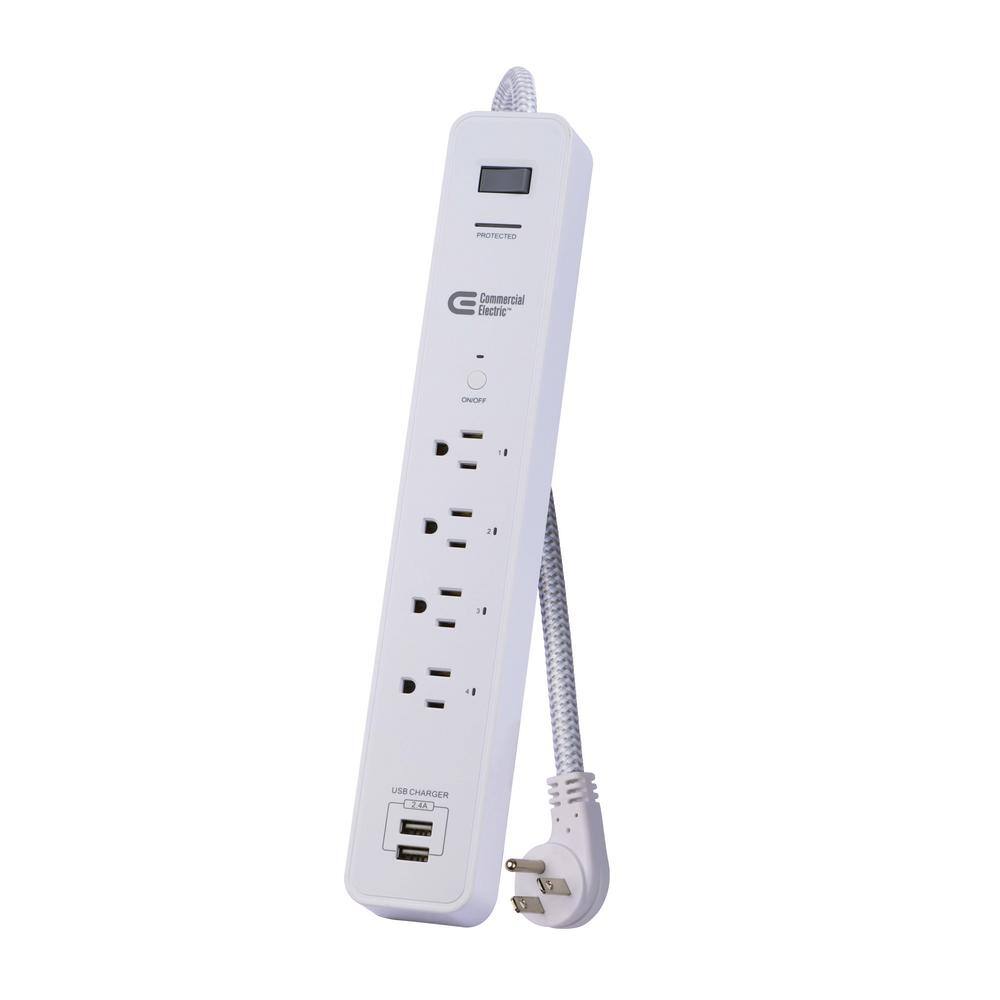 Commercial Electric 3 ft. 4-Outlet White Surge Protector Smart with USB Powered by Hubspace LTS-4G-W-1