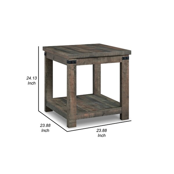 24 Inch Side End Table， Matte Black Metal Hardware， Rich Brown Wood Frame