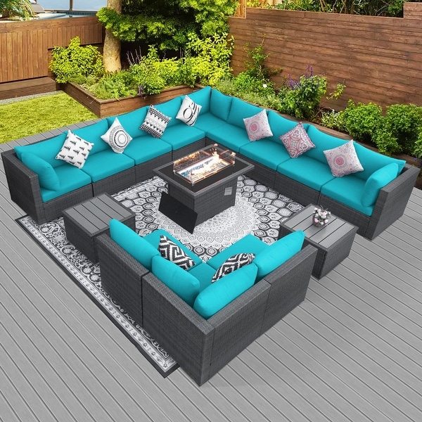 Nicesoul Outdoor Grey Wicker Sectional Furniture Patio Sofa Set with Firepit Table