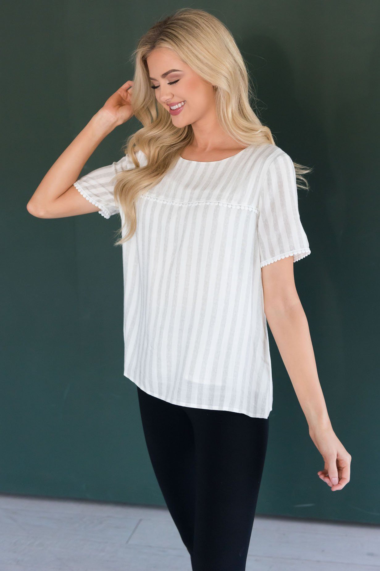 The Almighty Pom Detail Striped Modest Blouse