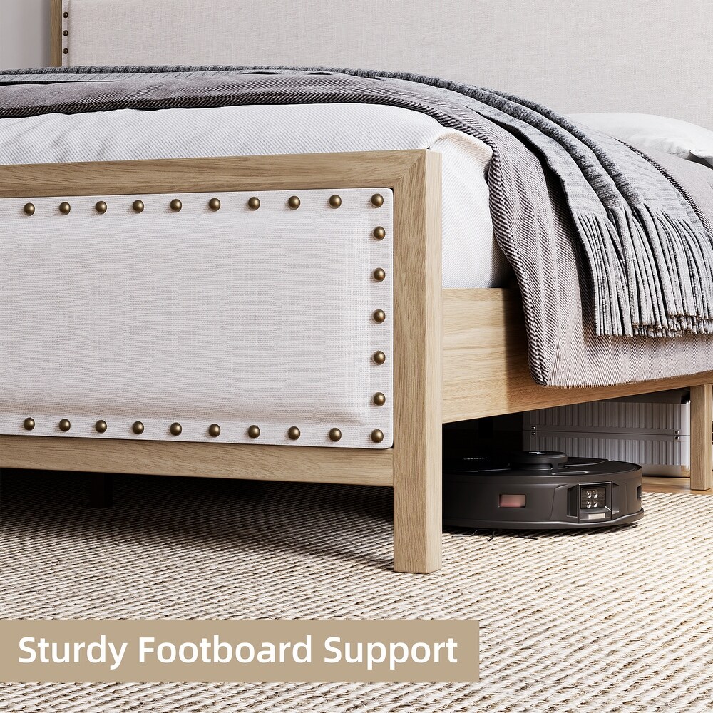 Upholstered Platform Bed with Linen Headboard and Footboard