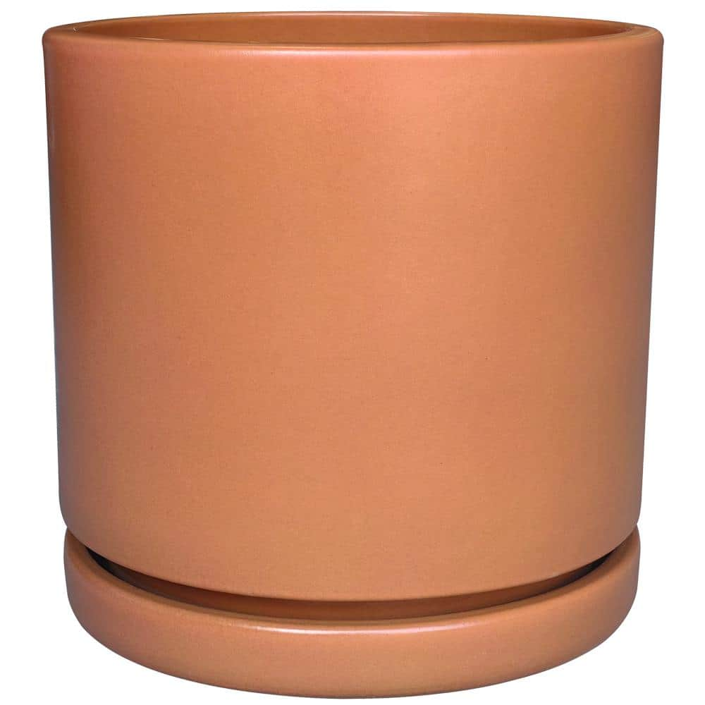 Trendspot 11 in. x 11 in. Matte Terracotta Cylinder Ceramic Planter with Inline Saucer HUCR02207S-11T