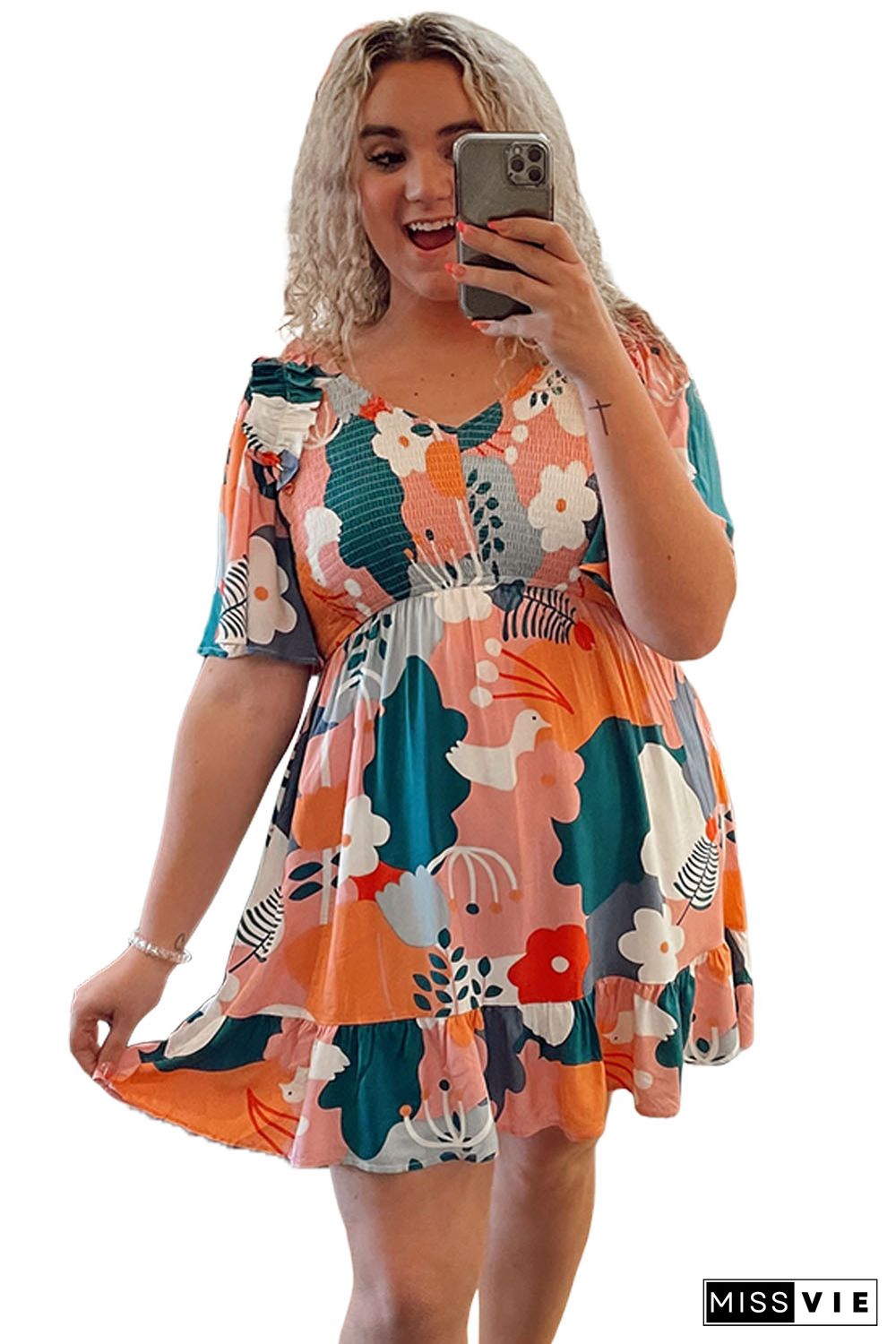 Multicolor Plus Size Shirred Mixed Print Ruffle Dress