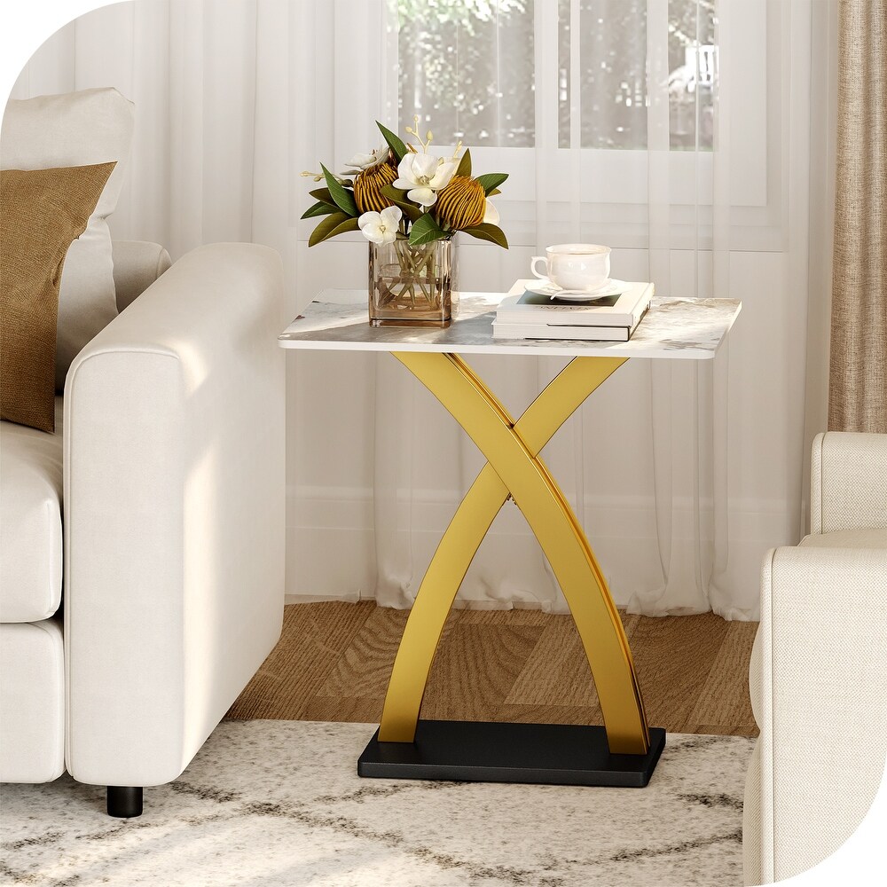 Modern Side Table with Slate Tabletop and Gold Carbon Steel Metal X Base