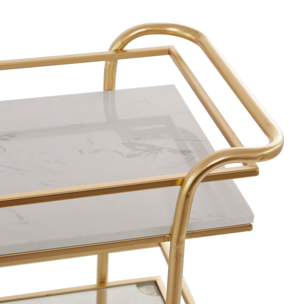 Gold Marble Rolling 1 Glass and 2 Marble Shelves Bar Cart with Handles   13.2 x 26.5 x 32.5