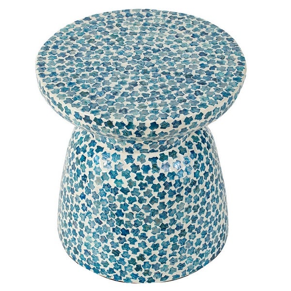 Ivy 16 Inch Round End Side Table， Bamboo Platform， Mosaic， Blue， White