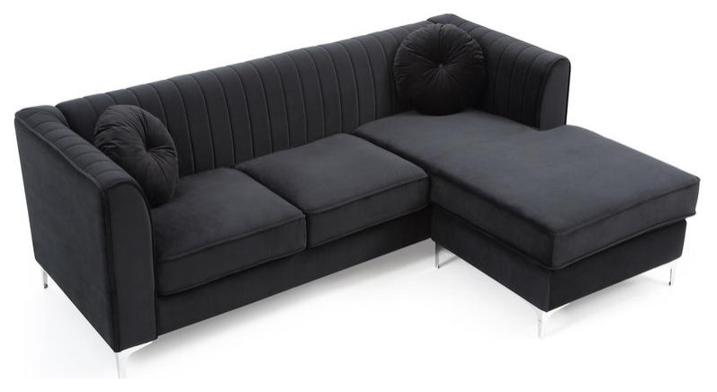 Delray 87 in. Black Velvet L Shape 3 Seater Sectional Sofa with 2 Throw Pillow   Midcentury   Sectional Sofas   by BisonOffice  Houzz