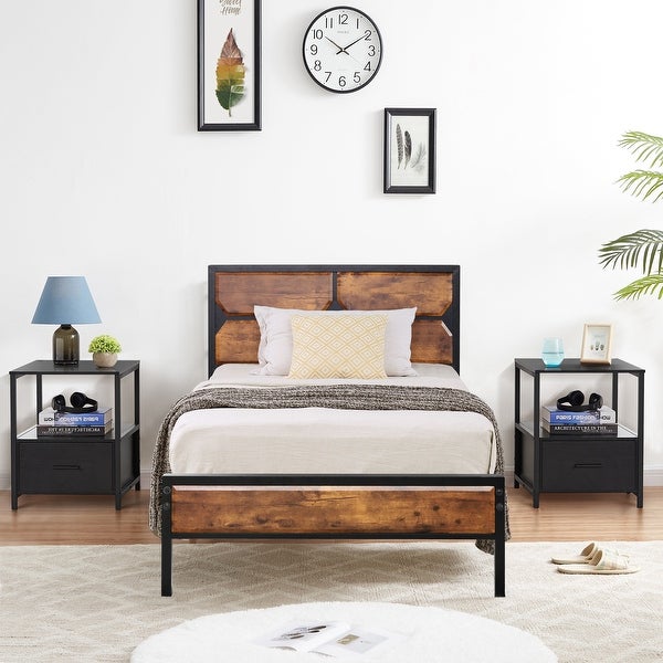 Taomika Industrial 3-pieces Bed with Wood Headboard and Square Nightstands Set - - 35162736