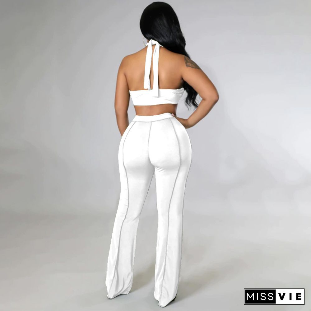 Halter Backless Crop Top Flared Pants Two Piece Set