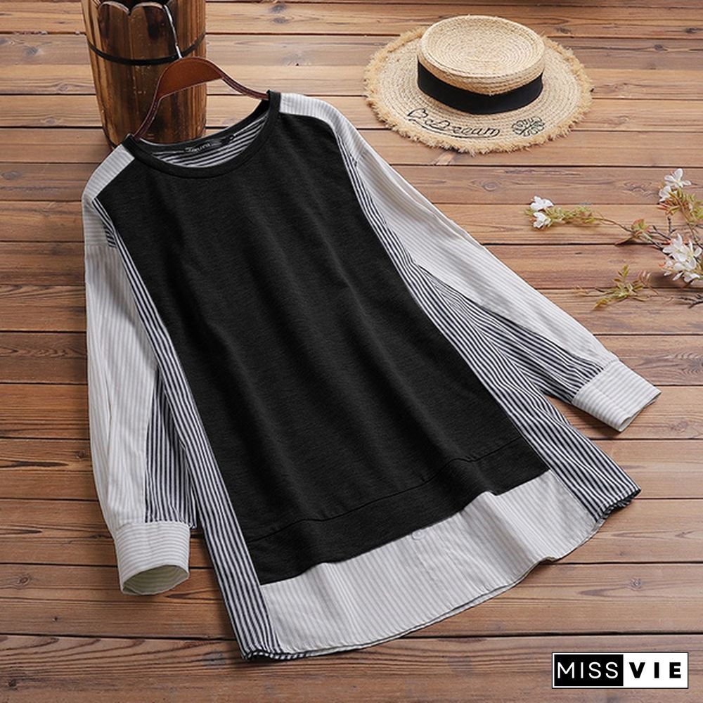 Women Casual Full Sleeved Top O Neck Cotton Holiday Spring Patchwork Retro Shirt Blouse Plus Size