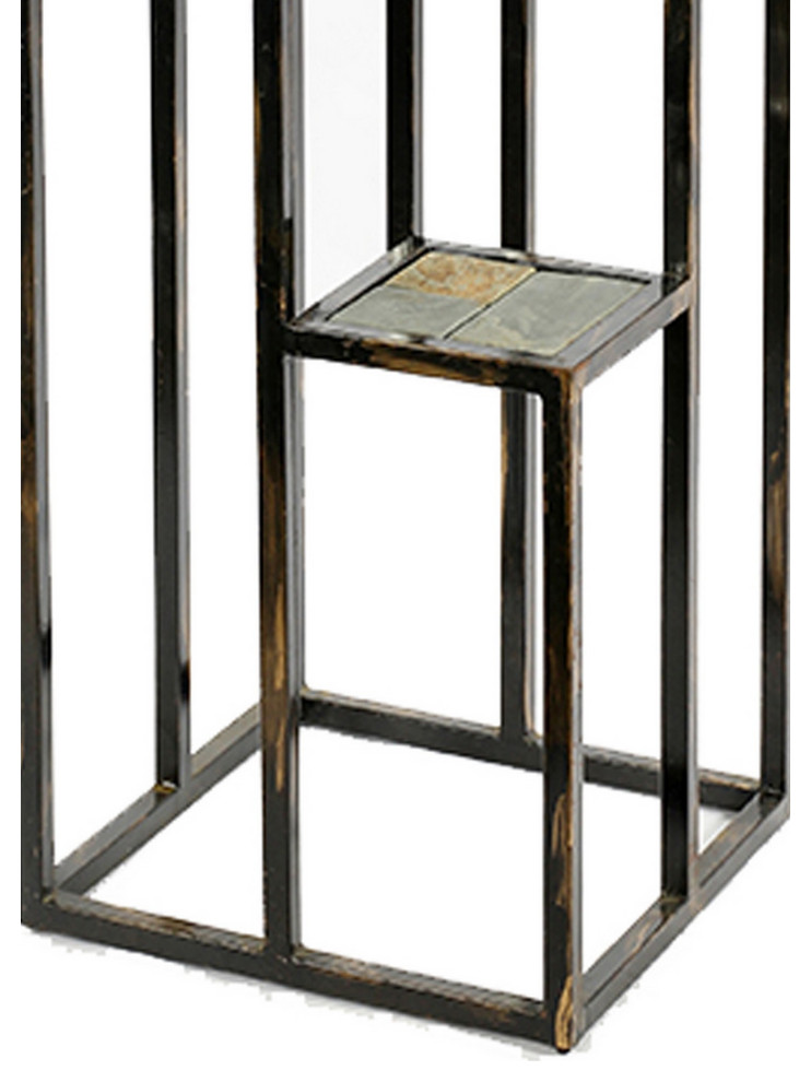 Benzara BM216737 4 Tier Cast Iron Frame Plant Stand with Stone Top  Black  ampGold   Industrial   Plant Stands And Telephone Tables   by Uber Bazaar  Houzz