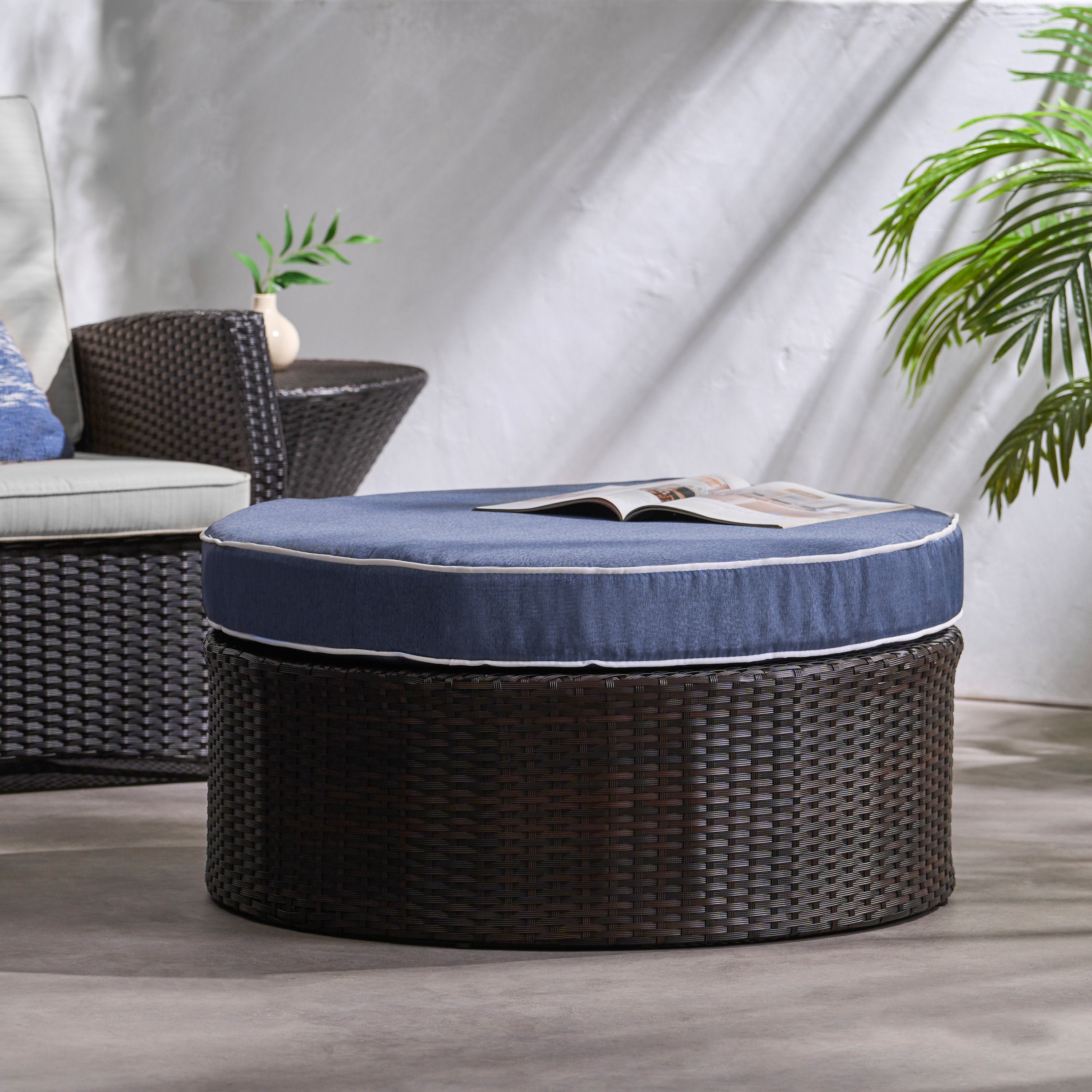 Boden Outdoor Wicker Ottoman with Cushion