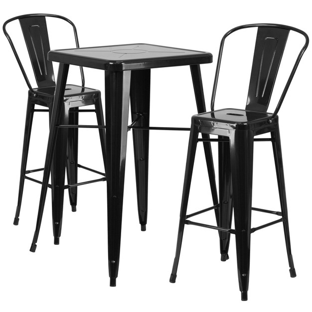 Square Metal Indoor outdoor Bar Table Set With 2 Stools With Backs