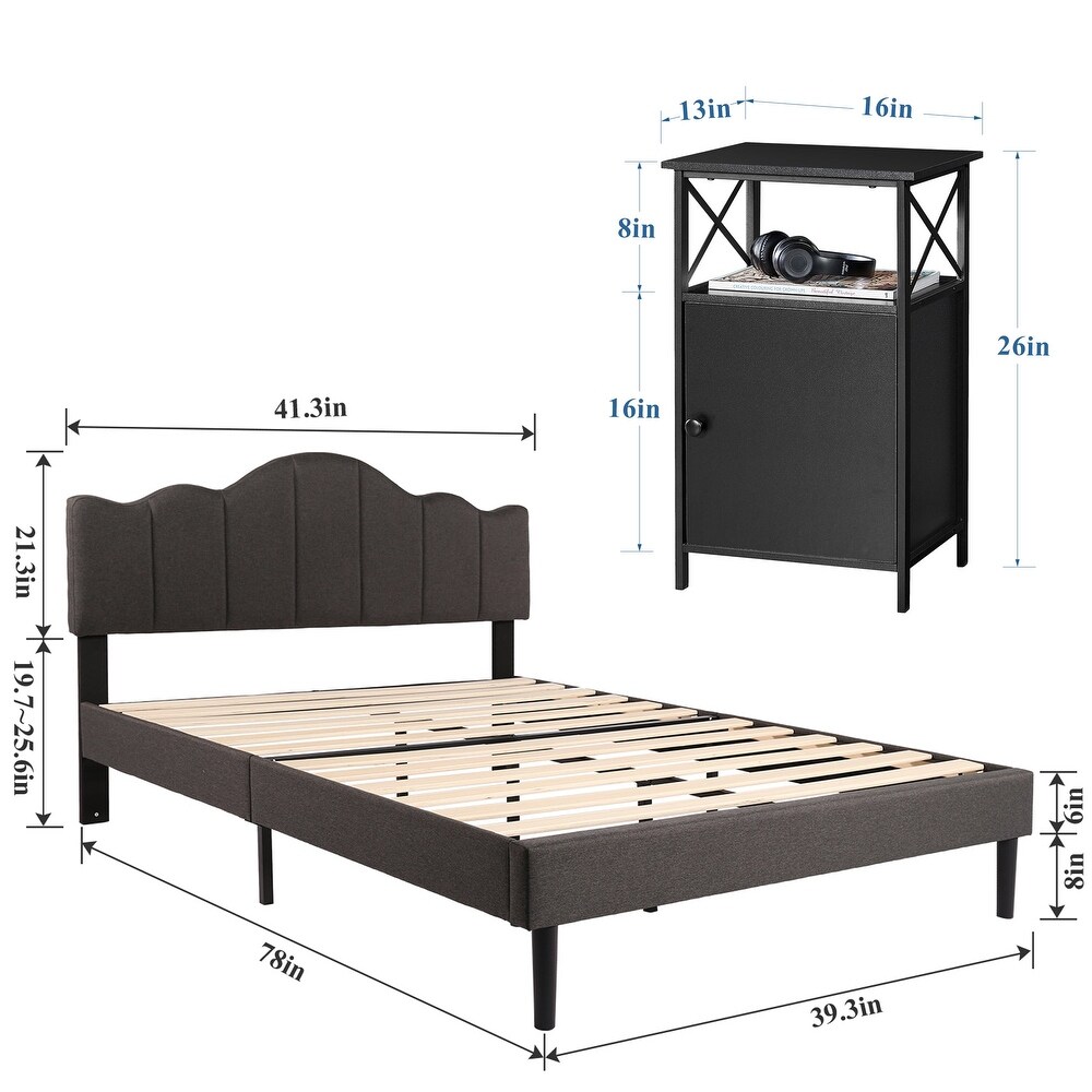 Taomika Modern Bedroom Set of 3 with Height Adjustable Upholstered Bed and Nightstands Set of 2