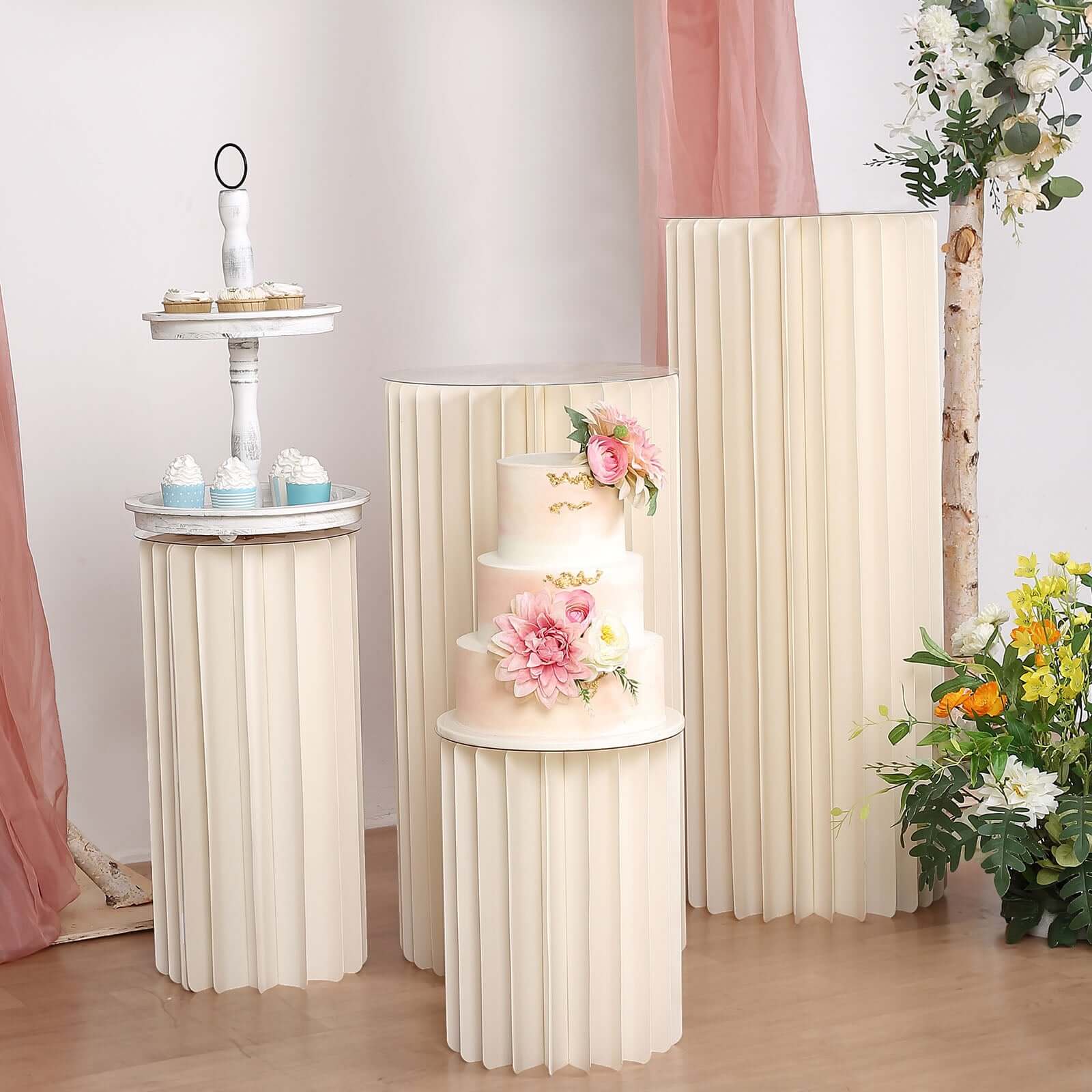 Ivory Cylinder Pillar Pedestal Stand, Display Column Stand With Top Plate 24