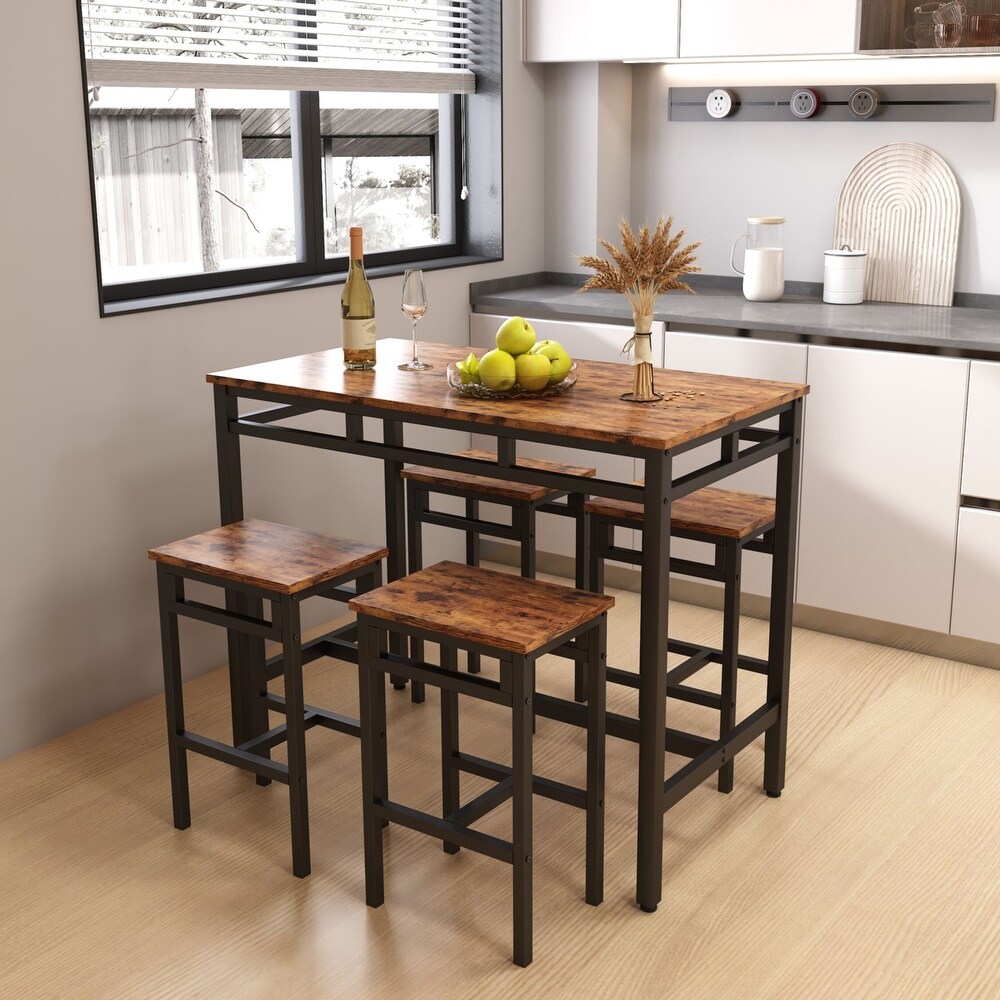 5 Piece Counter Height Bar Table Set Particle Board Dining Set with Rectangular Dining Table and Stools for Livingroom