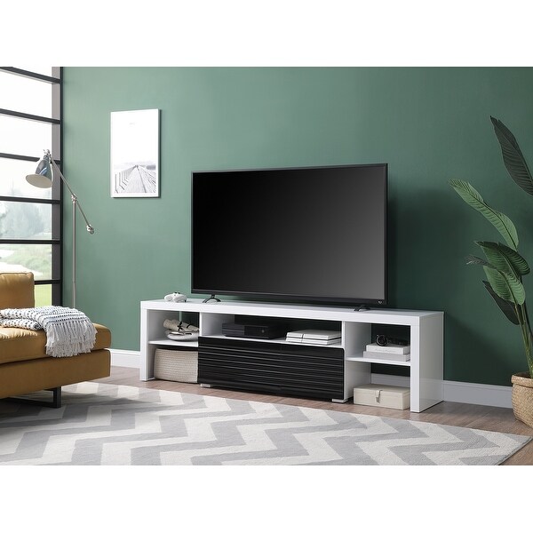 75''L Contemporary High Gloss Buck II Floor Media TV Stand with 3 Open Compartment， 1 Drawer and 1 Drop-Down Door Cabinet