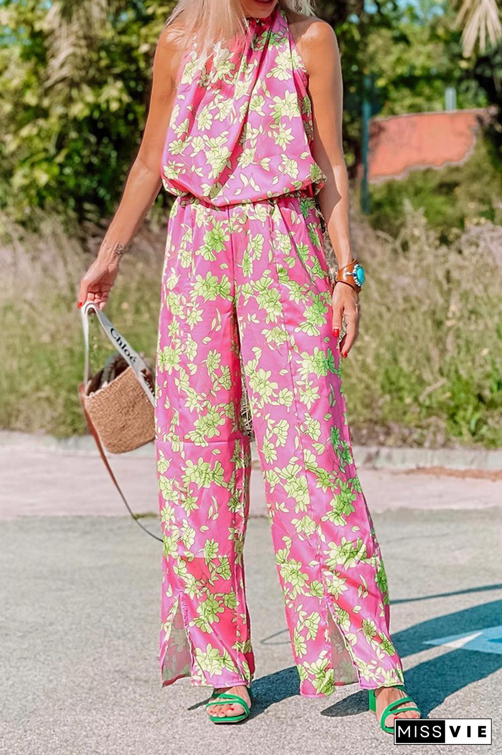 Pink Floral Print Halter Neck One Piece Jumpsuit