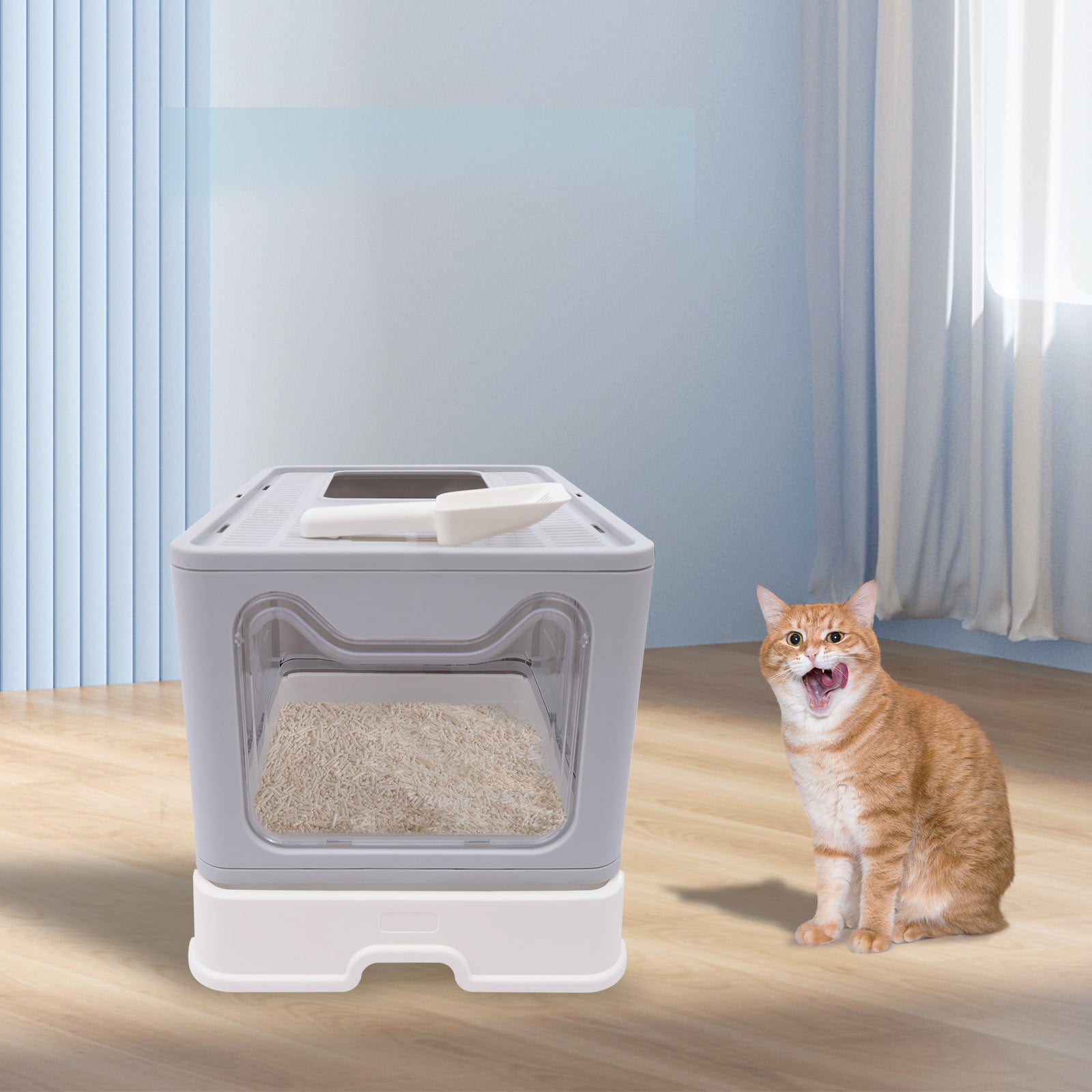 Miumaeov Foldable Cat Litter Box， Semi-enclosed Cat Litter Box with Bottom Drawer and Cat Litter Scoop (Grey)