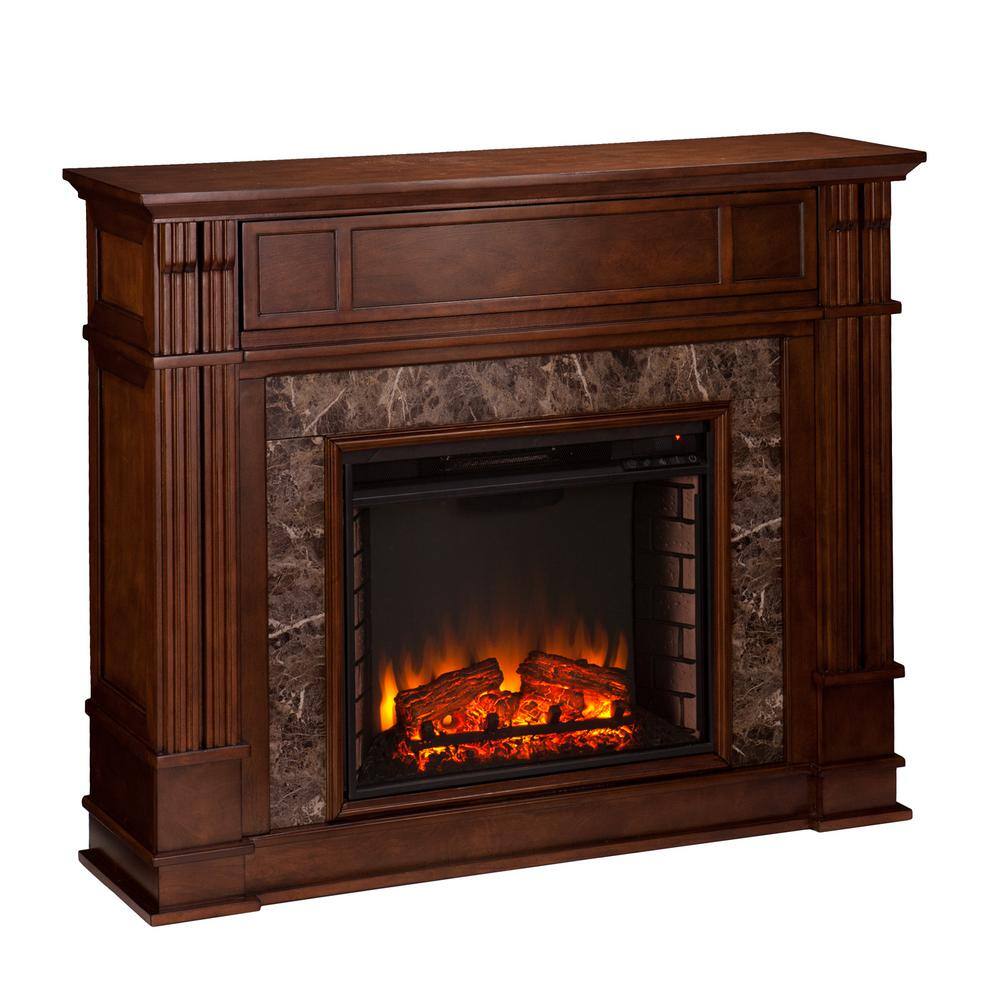 Southern Enterprises Rochester 48 in. Faux Stone Electric Fireplace TV Stand in Whiskey Maple HD90152