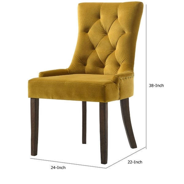 Esme 24 Inch Solid Wood Dining Chair， Velvet Tufted， Set of 2， Yellow