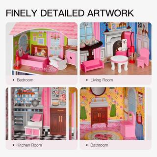 Huluwat Pink Classic Wooden Dollhouse for Toddlers with of Furniture(10-Pieces) DJ-TC-EL-WG154