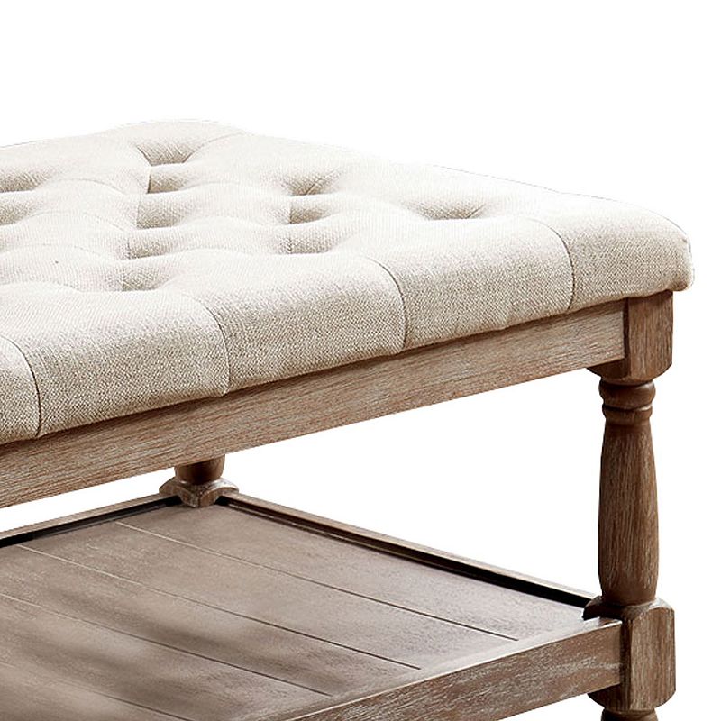 Button Tufted Fabric Upholstered Bench with Bottom Shelf， Beige and Brown