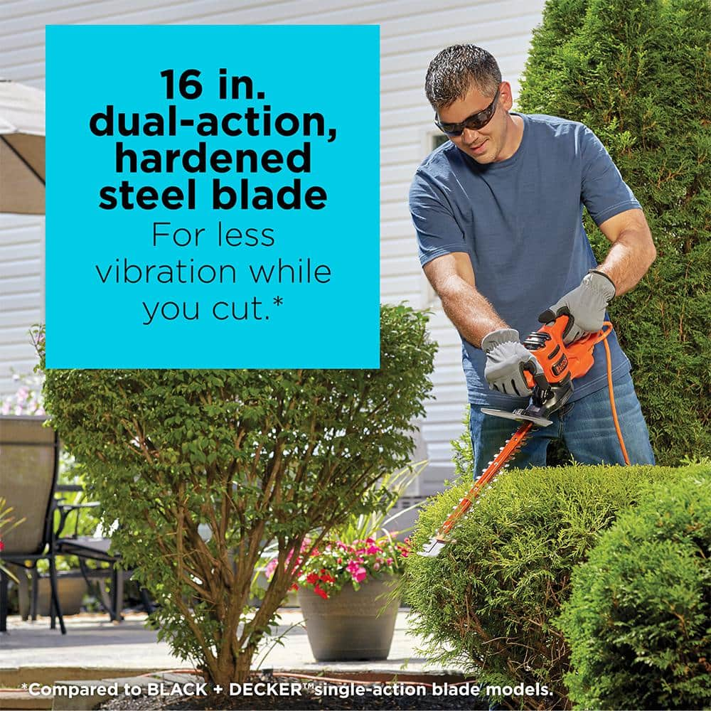 BLACK+DECKER 16 in. 3.0 Amp Corded Dual Action Electric Hedge Trimmer with Saw Blade Tip BEHTS125