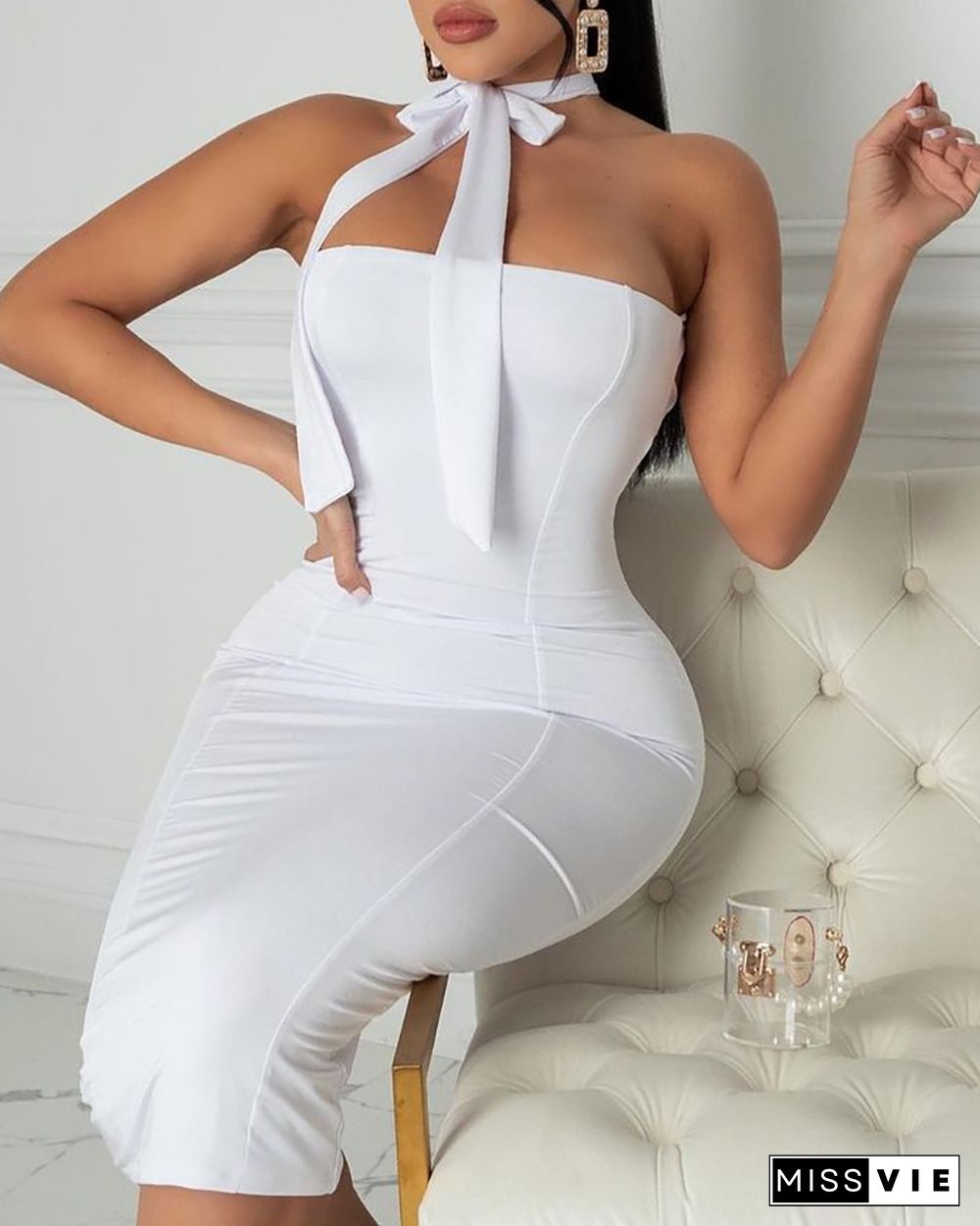 Tie Neck Plain Backless Bodycon Dress