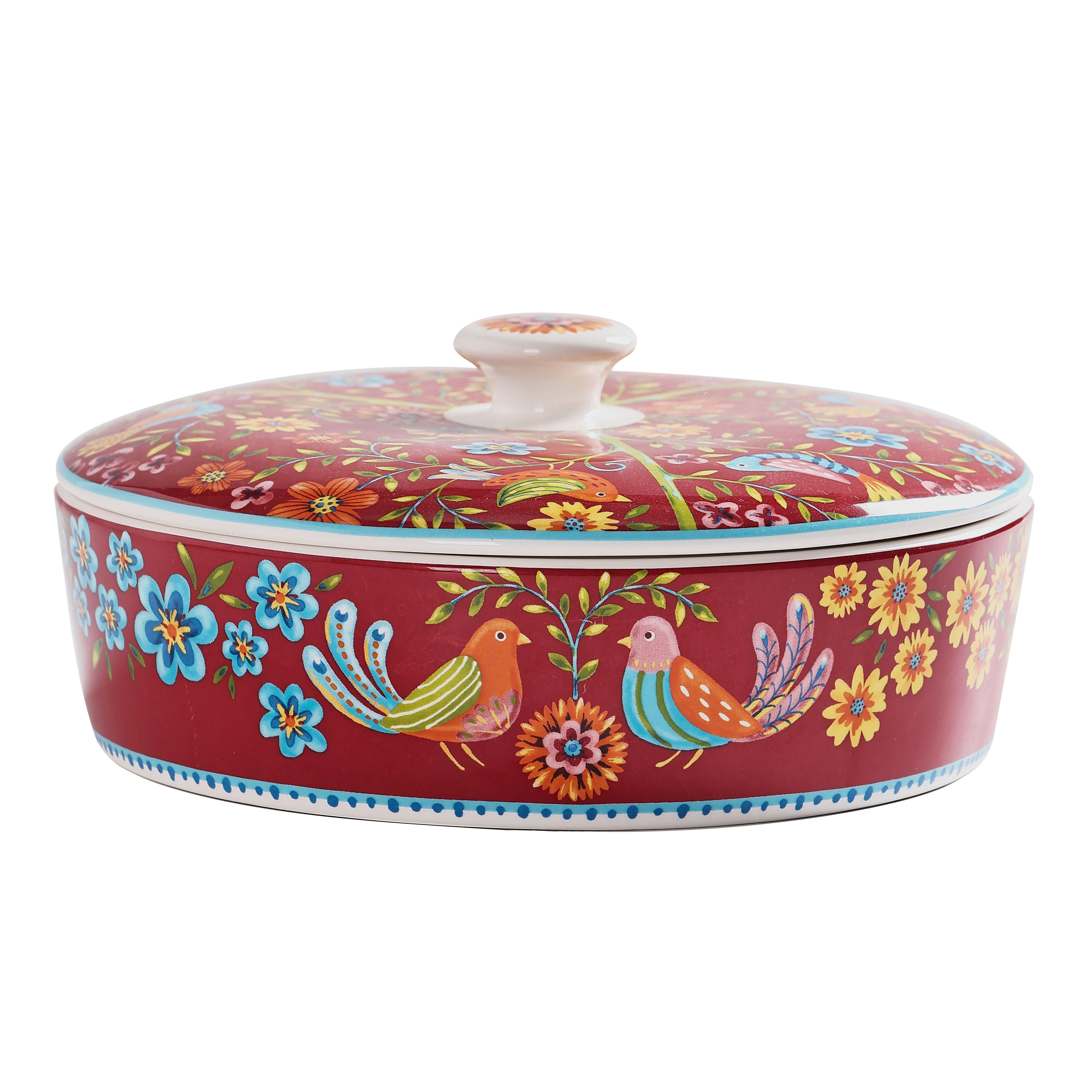 Bico Red Spring Bird Ceramic 8.8 inch Tortilla Warmer， Tortilla Server with Lid， Taco Holder for Mexican Fiesta Party， Taco Tuesday， Microwave and Dishwasher Safe