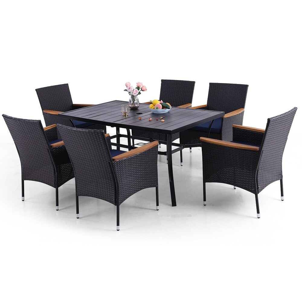 7 Pieces PE Rattan Patio Dining Sets  Modern Wicker Conversation Armhairs with Cushions and 2.6\