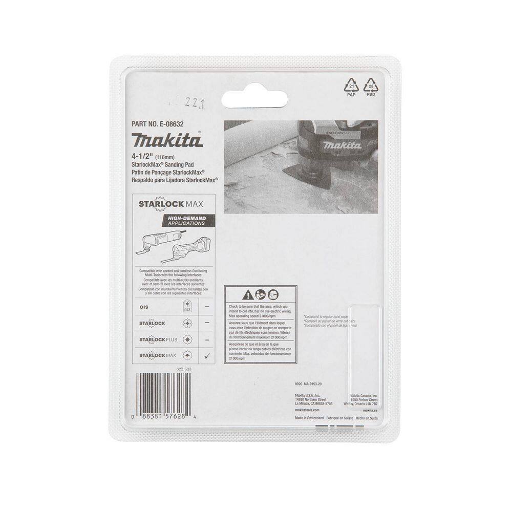 Makita StarlockMax Oscillating Multi-Tool 4-12 in. Tungsten Carbide 20 Grit Delta Triangle Sanding Pad E-08632