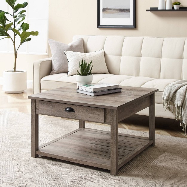 June Rustic Farmhouse Square Coffee Table With Lower Shelf Gray Wash Saracina Home