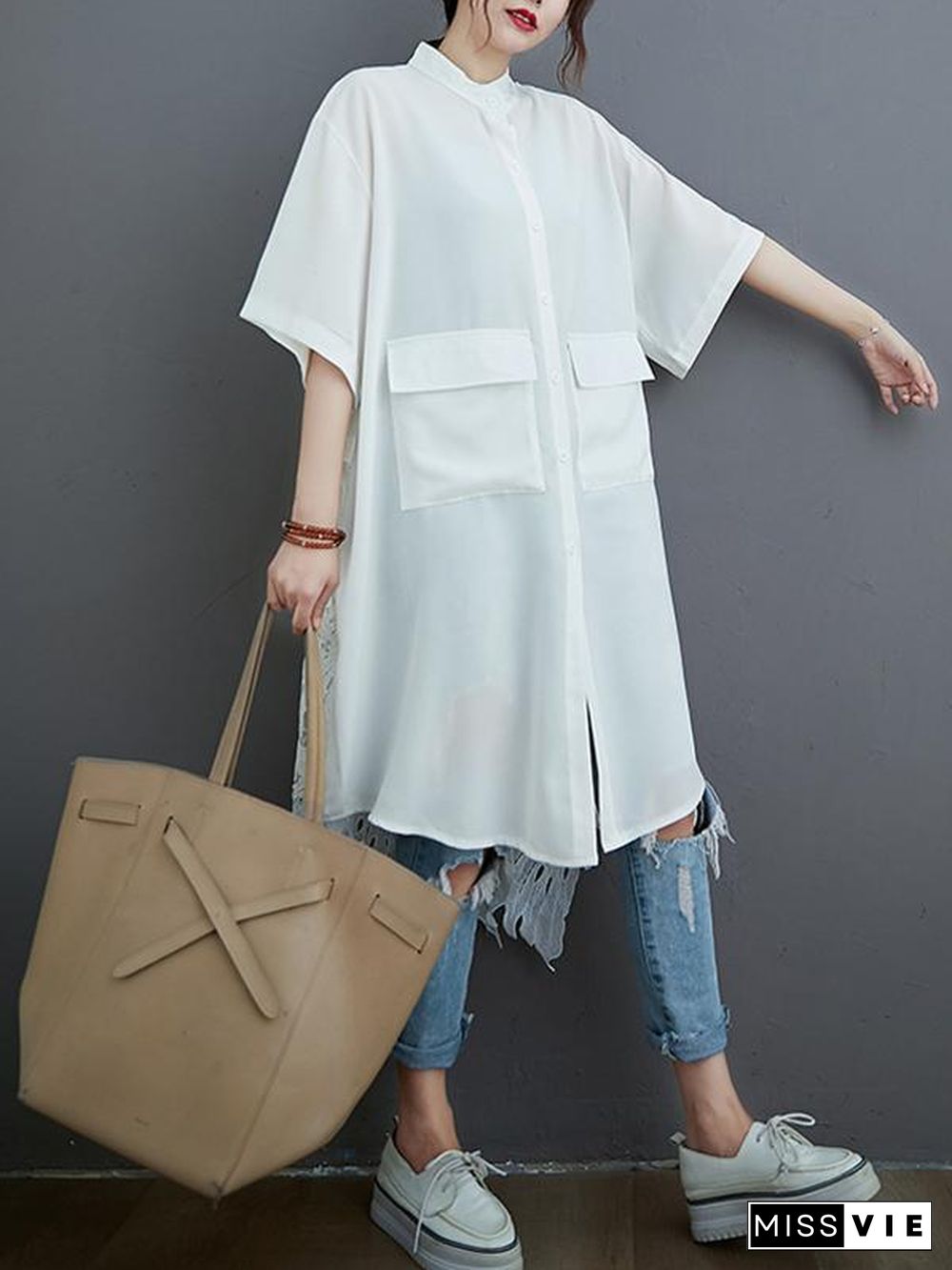 Loose Split-Joint Hollow Solid Long Blouse