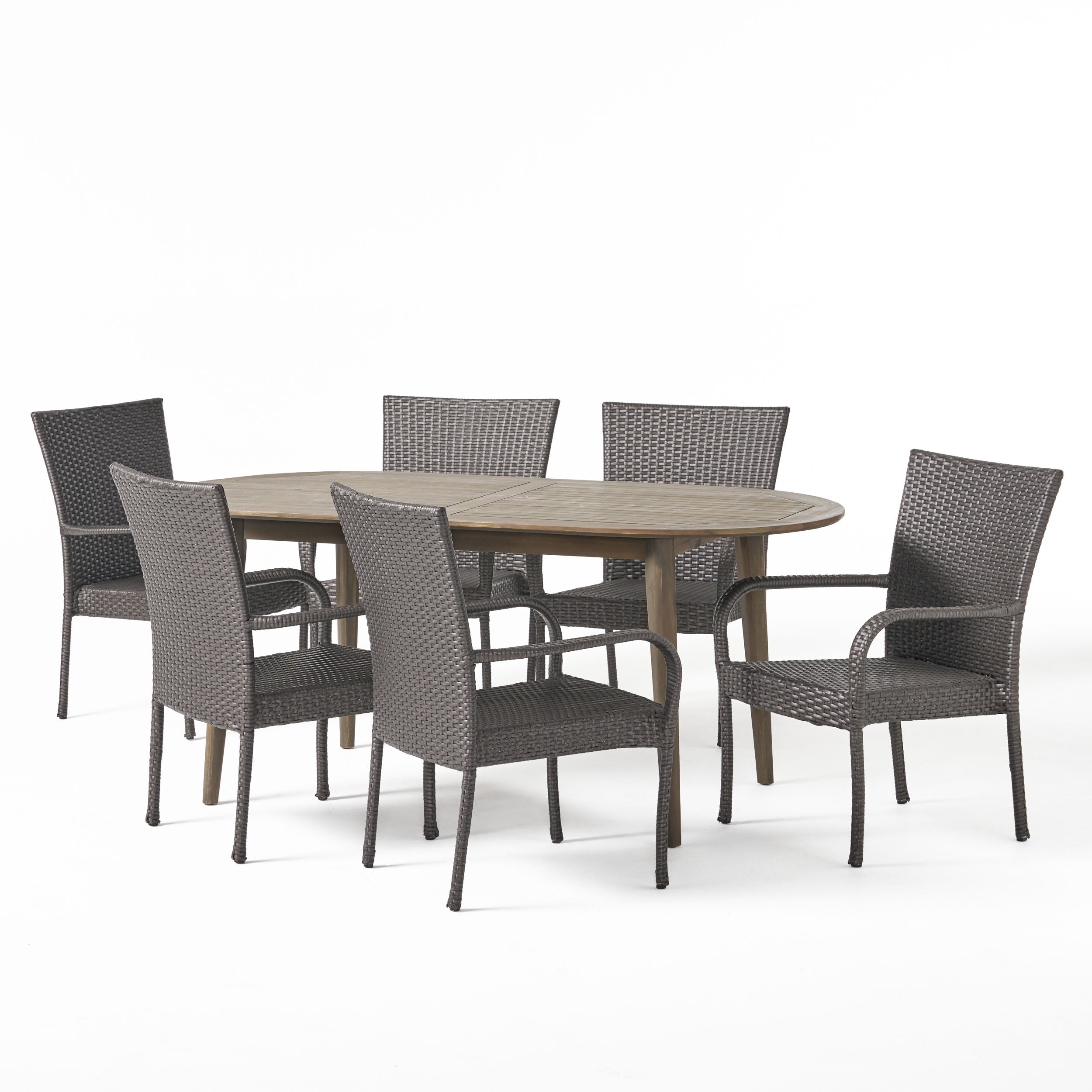 Elle Outdoor 7 Piece Acacia Wood Dining Set with Stacking Wicker Chairs