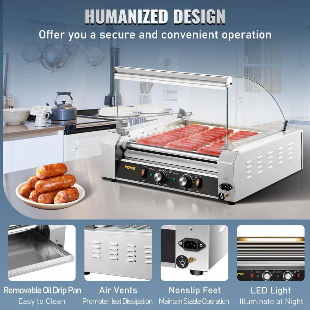 VEVOR Hot Dog Roller 30 Hot Dog Capacity 11 Rollers 1800W Stainless Steel Cook Warmer Machine with Cover Indoor Grills, Silver GYGRGJMC1123XBWL9V1