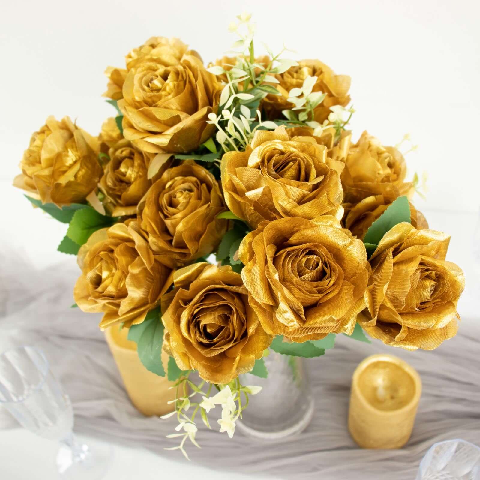 2 Bushes Gold Artificial Silk Rose Flower Arrangements, Real Touch Long Stem Flower Bouquet 18