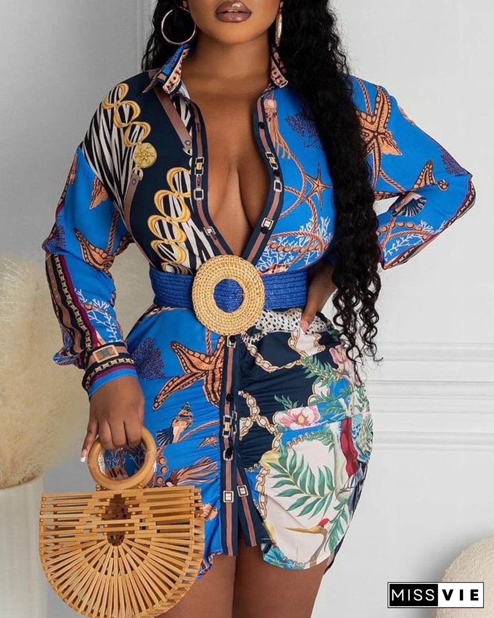 Tropical Graphic Print Long Sleeve Shirt Dress