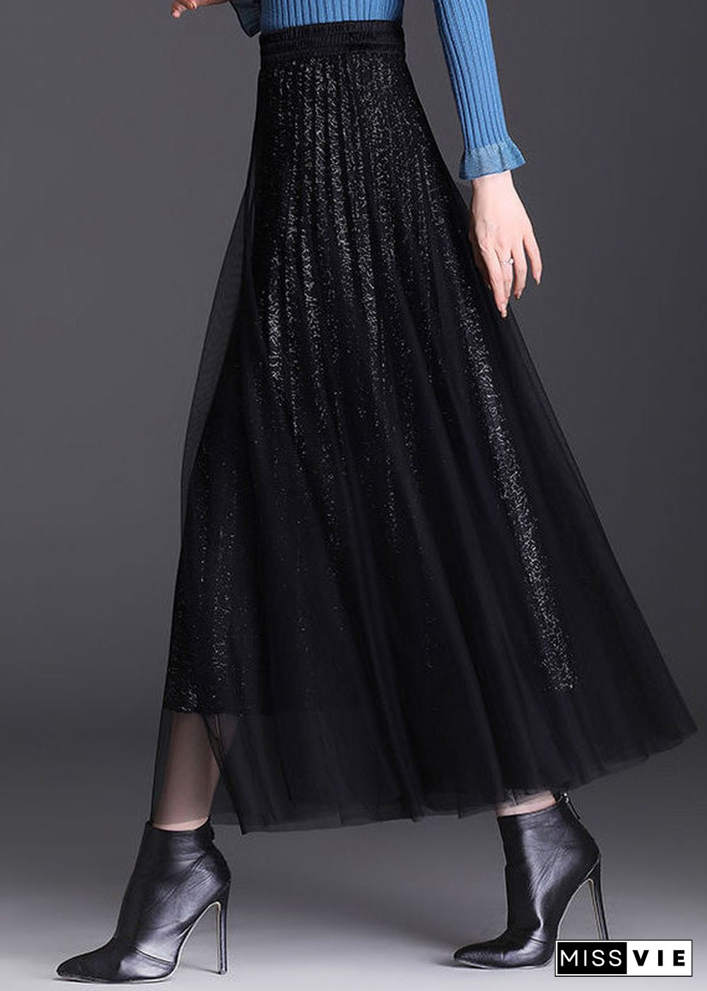 Black Elastic Waist Tulle A Line Skirts Spring