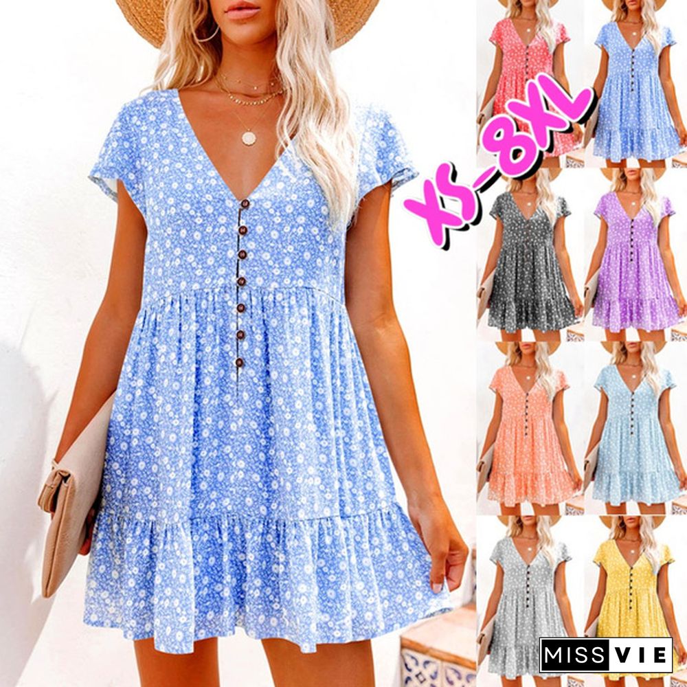 XS-8XL Spring Summer Dresses Plus Size Fashion Clothes Women's Casual Short Sleeve Dress Ladies Button Up Floral Flower Printed Dress Patchwork Loose Mini Pleated Dress Beach Wear Short Party Dress