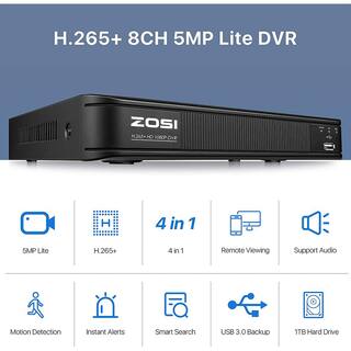 ZOSI H.265+ 8-Channel 5MP-LITE DVR 1TB Hard Drive Security Camera System with 4X 1080P Wired Bullet Cameras Remote Access 8VM-106W4S-10