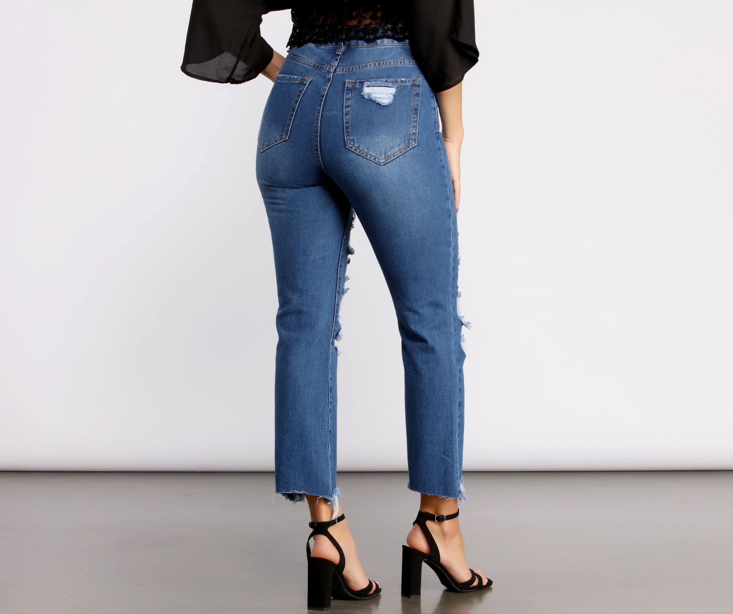 High Rise Super Destructed Straight Leg Jeans