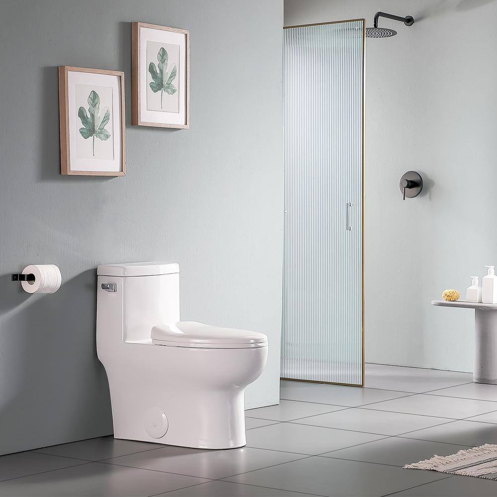 12 in. Rough-In 1-piece 1.281.1 GPF Single Flush Elongated Toilet in White Soft-Close Seat Included AL76MTPB