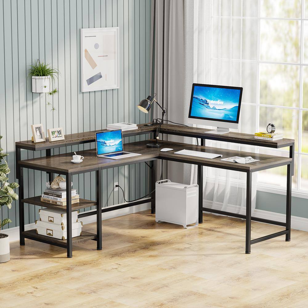 Tribesigns Lantz 59 in. L-Shaped Gray Wood Computer Desk with Power Outlets and Storage Shelves for Home Office TJHD-JW0450-HYF