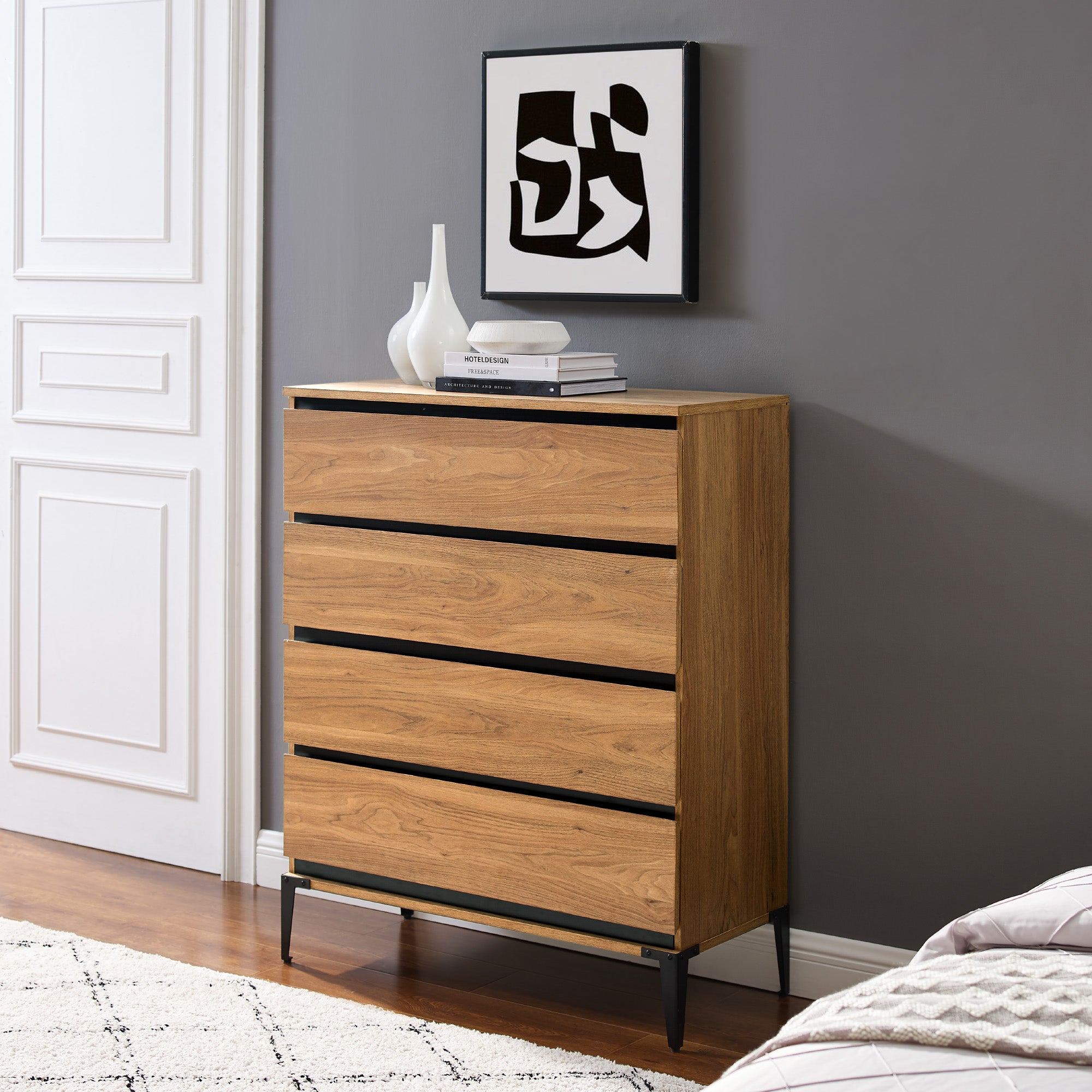 Manor Park Urban Industrial 4 Drawer Vertical Dresser, English Oak