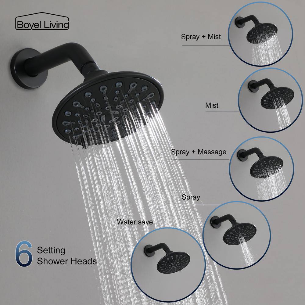 Boyel Living 6-Spray Patterns with 2.1 GPM 6 in. Wall Mount Rain Fixed Shower Head with Single Handle and Valve in Matte Black SMD-88011B